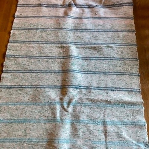 Two vintage handwoven rag rugs used, pack of 2, white with blue and beige