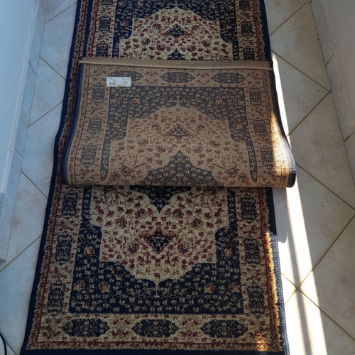 Rug set used, 3 pieces, blue beige with burgundy, thick pile