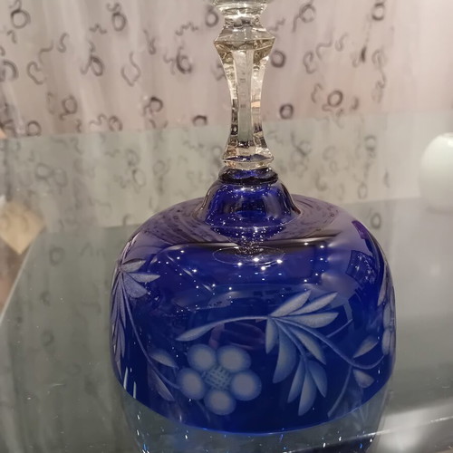 Vintage Bohemia cobalt blue crystal fondue bowl with floral carving, like new