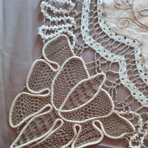 Vintage lace cutwork embroidery table linen used, cotton threads