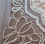 Vintage lace cutwork embroidery table linen used, cotton threads