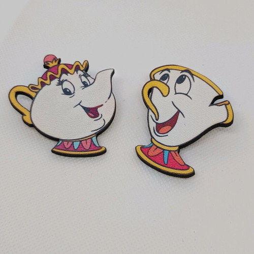 Wooden earrings Madam Teapot and Chip new, white