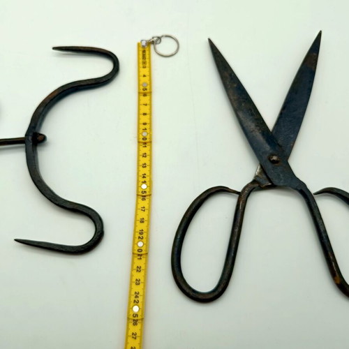 Pair of pre-war scissors and hook used, antique tools