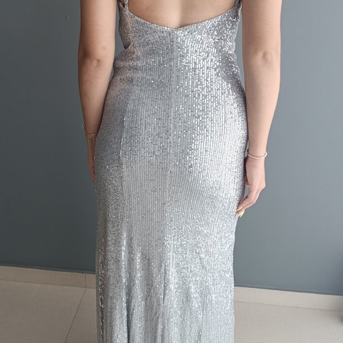 Silver Maxi Evening Dress with Sequins and High Slit, S