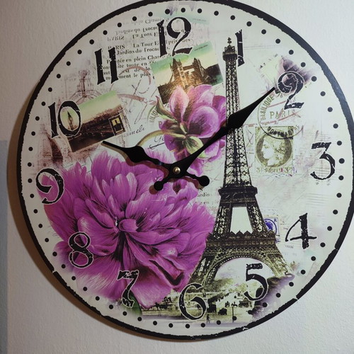 Vintage Paris & Flower Wall Clock used, 34cm, quartz mechanism