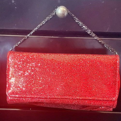 Red evening clutch bag new with glitter and metal chain shoulder strap