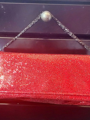 Red evening clutch bag new with glitter and metal chain shoulder strap