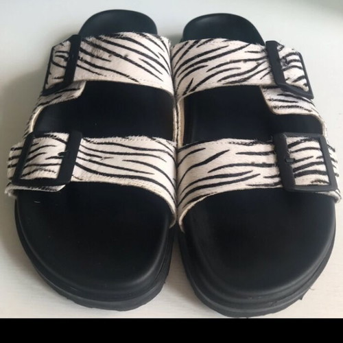 Ateneo Leather Flatform Sandals with Zebra Print, New, Size 38