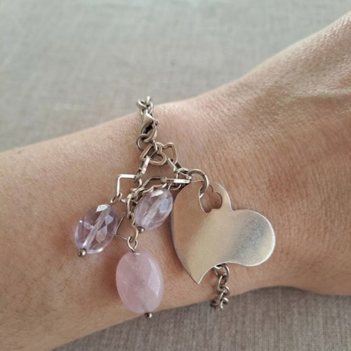 Silver bracelet 925 with amethyst and rose quartz stones, like new