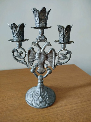 Candlestick used, three candle holders with Byzantine double-headed eagle