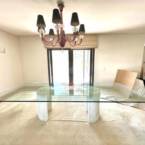 Monumental marble dining table for 10 people with special glass