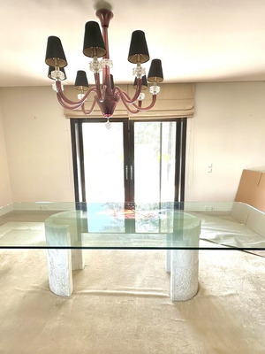 Monumental marble dining table for 10 people with special glass