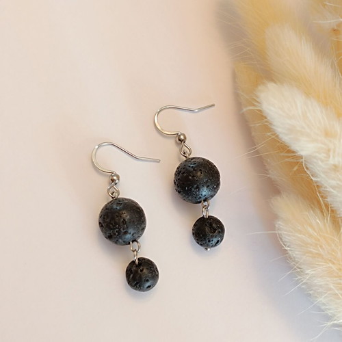 Handmade earrings with lava and stainless steel hooks new, black and silver