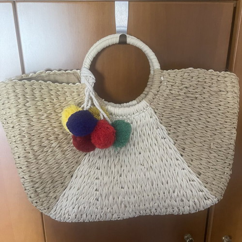 Nolah basket bag new, beige with colorful pom poms