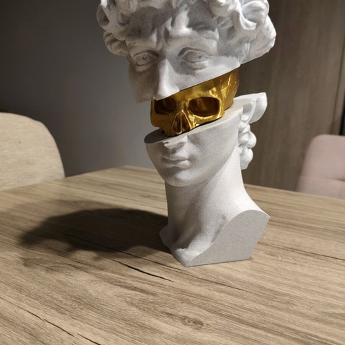 3D Printed David Bust with Gold Skull new, modern decorative art