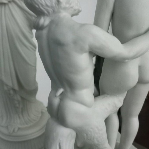 Bisque porcelain statue with satyr theme like new, height 35cm