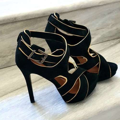 Schutz black suede sandals new with gold details size 36.5