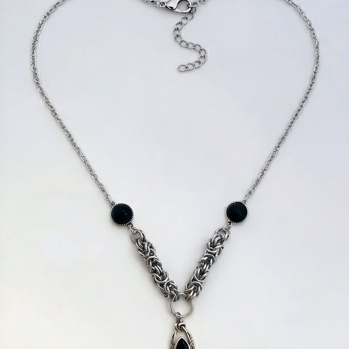 Steel Chainmail Necklace with Black Onyx Adjustable 40-50 cm