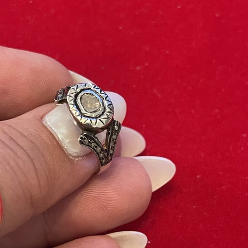 Silver gold ring with old cut diamonds used, size 56