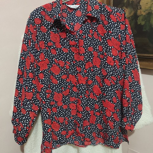 Vintage shirt new with shoulder pads, black with white polka dots and red roses, size L-XL
