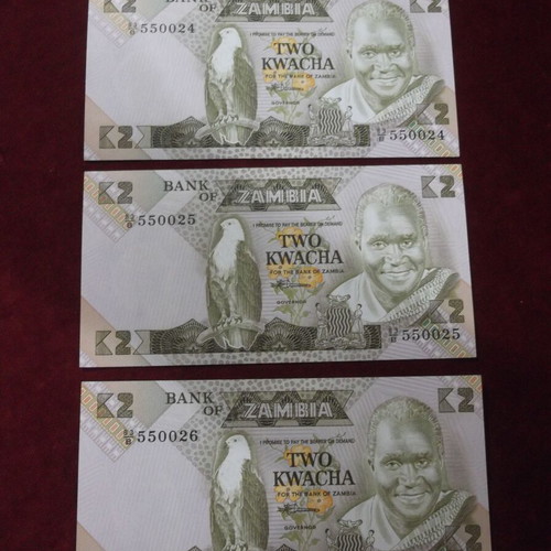 Zambia 2 Kwacha banknotes new, set of 3 with consecutive numbers