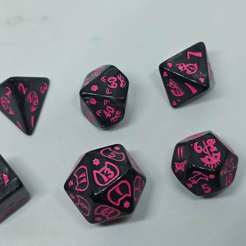 RPG Cat Lovers dice set like new, black and neon pink
