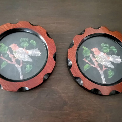 Handmade embroidered hearts vintage with wooden frame used