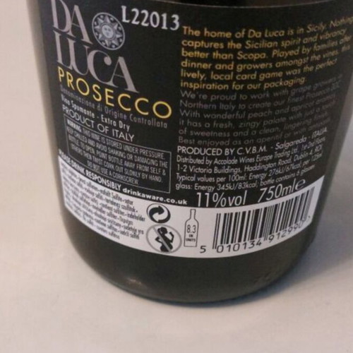 Da Luca Prosecco Extra Dry sparkling wine sealed 750ml bottle