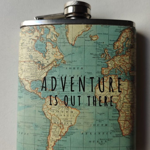 Vintage metal flask "Adventure Is Out There" with world map design