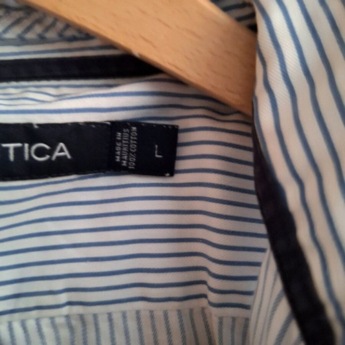 Nautica men's striped shirt used, long sleeve white with blue stripes