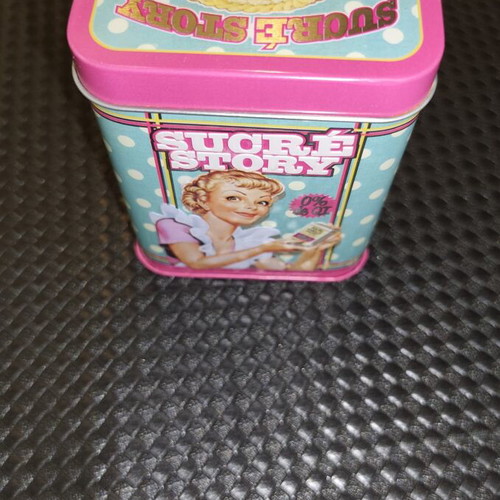 Vintage metal storage tin Sucré Story by Natives, new