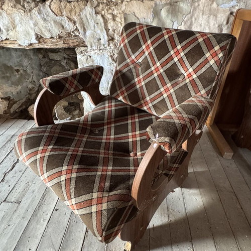 Vintage armchairs retro pair of 2 used with wooden frame and plaid upholstery