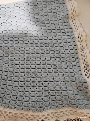 Handmade baby blanket new, cotton blend, blue with lace