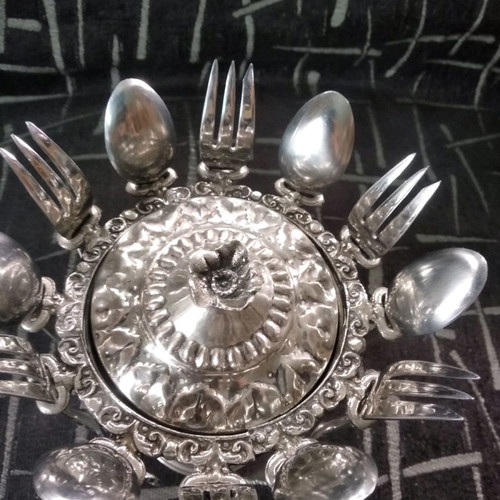 Vintage rostfrei dessert set with spoons and forks, broken handle
