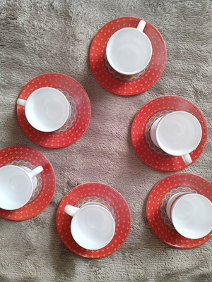 Set of 6 espresso/Greek coffee cups with saucers Boho ethnic design like new