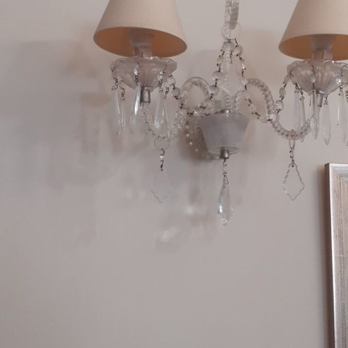 Vintage lighting set with heavy crystal seven-light chandelier and two matching two-light sconces