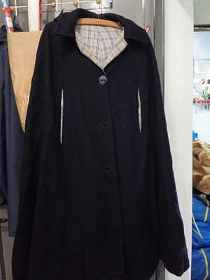 Cape made by tailor used, wool fabric with plaid lining, gray hood