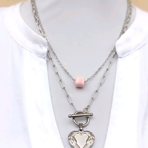 Layered stainless steel necklace with pink ceramic cube and embossed heart new