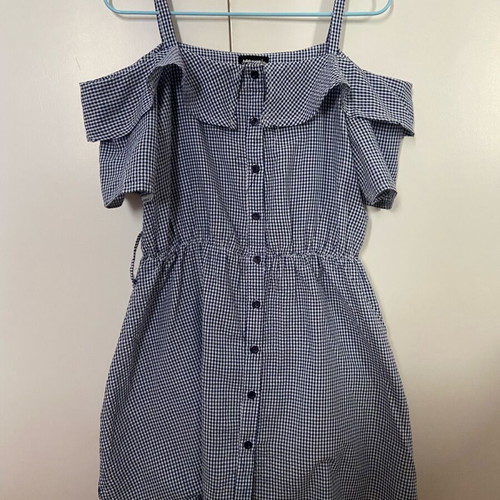 Fullah Sugah dress with small check, white/blue, short sleeve off-shoulder, like new