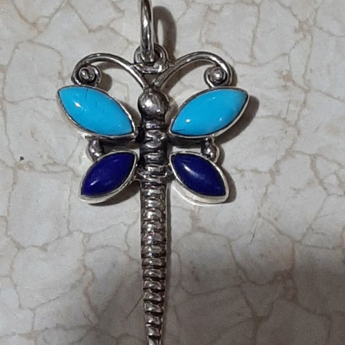 Dragonfly pendant sterling silver 925 with lapis lazuli and authentic turquoise new