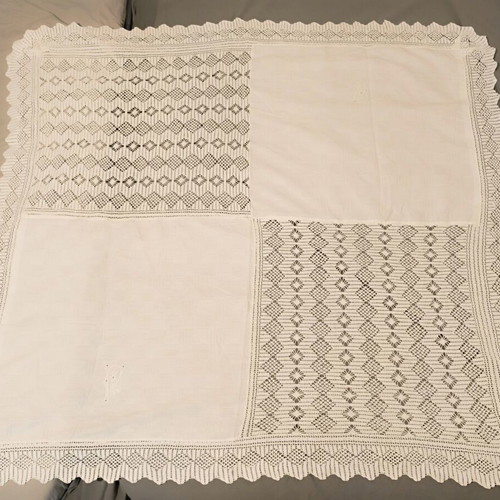 Vintage tablecloth linen with handmade lace and monogram, like new