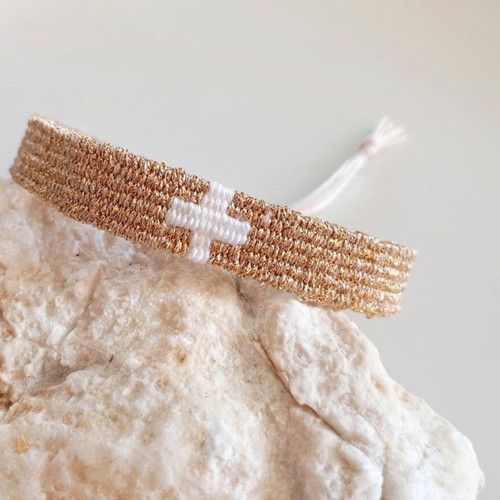 Woven bracelet with metallic gold cross new, white cotton thread