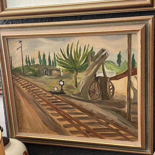 Paintings The Trains signed artworks in wooden frame set of 3