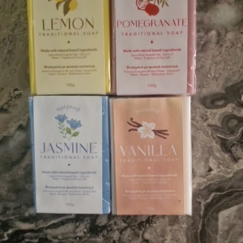Set of 4 aromatic soaps 100g each with lemon, pomegranate, jasmine, vanilla scent