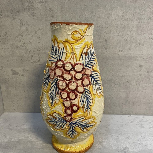 Ceramic vase with painted grapes used, vintage style