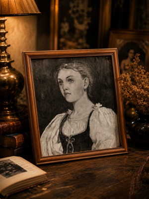 Vintage Portrait Sketch used with Hidden Watercolor Layer in Wood Frame