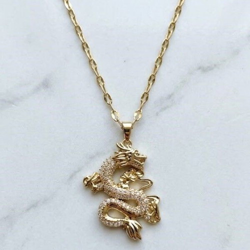 Gold dragon necklace with rhinestones, Gothic fantasy