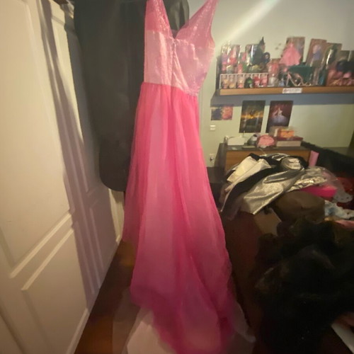 Evening dress used, very long pink and white with train, size S