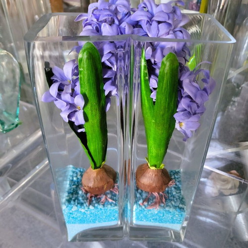 Double Glass Vase with Artificial Hyacinths like new