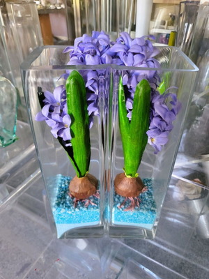 Double Glass Vase with Artificial Hyacinths like new